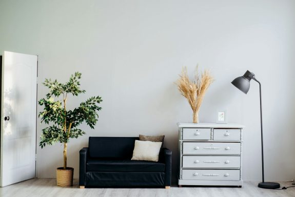 A minimalist room featuring a black sofa, potted plant, dresser, and floor lamp.