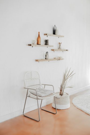 A minimalist room with a chair, wall shelves, and a potted plant.
